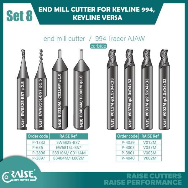 SET OF 6 END MILL CUTTERS AND 2 TRACERS FOR KEYLINE 994/NINJA/VERSA